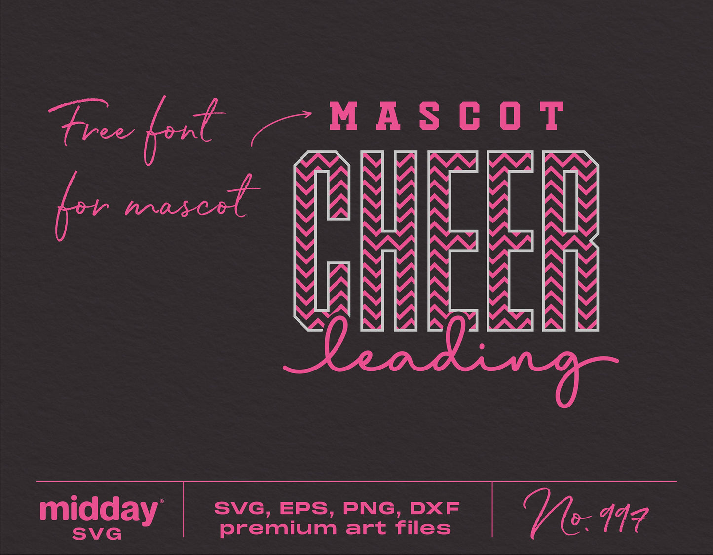 Cheerleading SVG digital template featuring bold pink text, suitable for Cricut and Silhouette, includes free mascot font