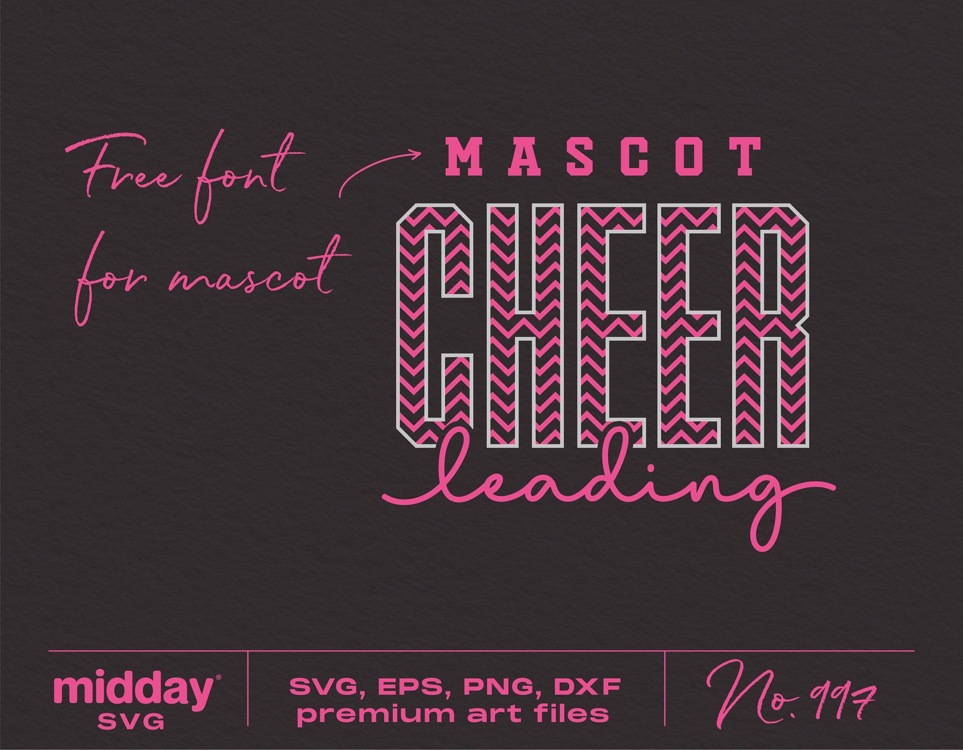 Cheerleading SVG digital template featuring bold pink text, suitable for Cricut and Silhouette, includes free mascot font