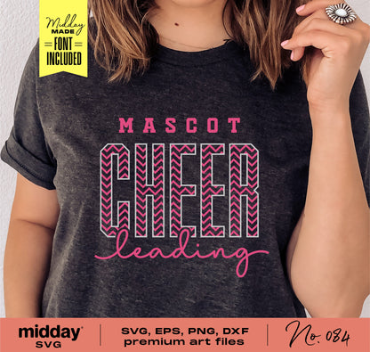 Woman wearing cheerleading t-shirt with customizable SVG, PNG, DXF files; Mascot font included, perfect for Cricut and Silhouette projects.