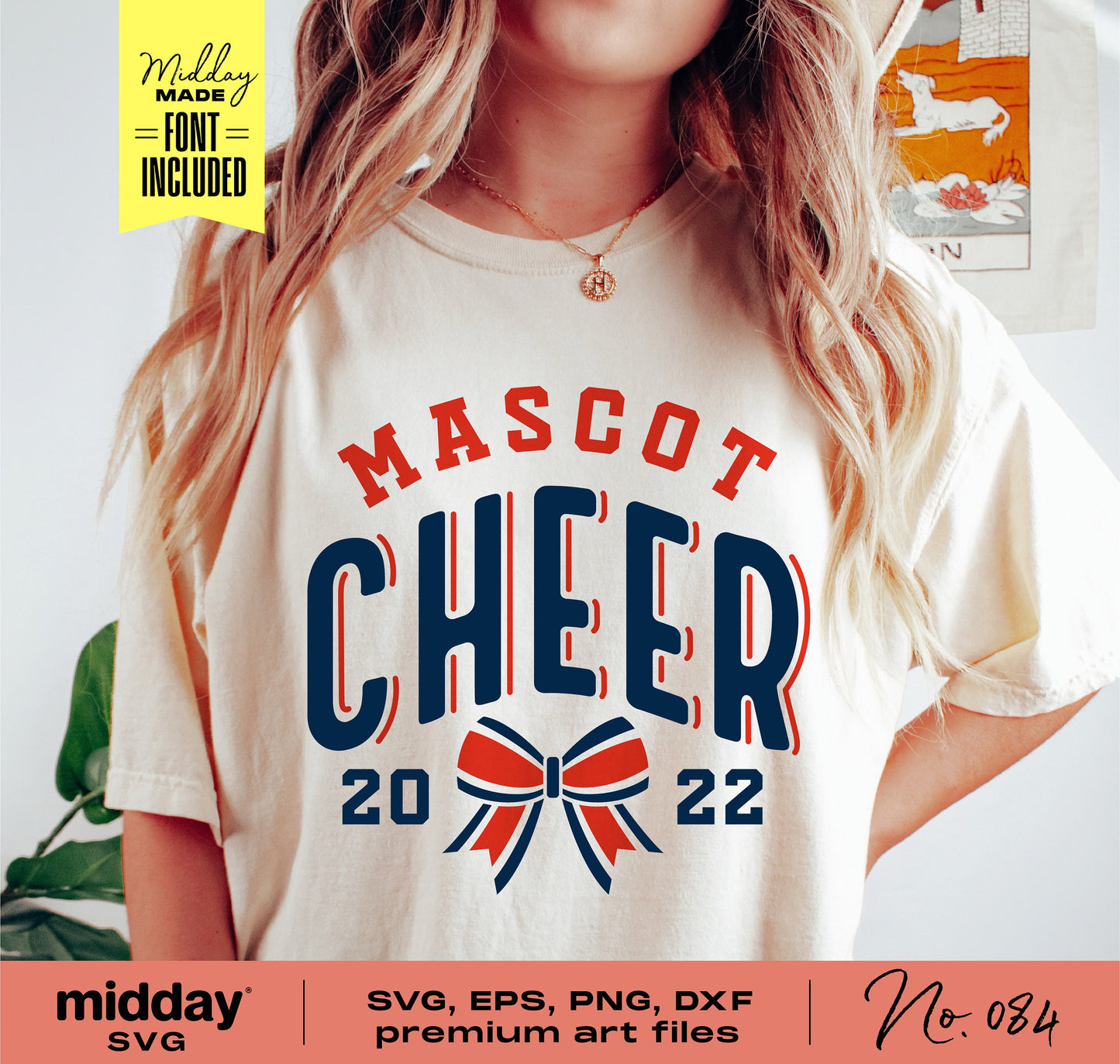 Woman wearing shirt with 'Mascot Cheer 2022' design; includes bow graphic. Cheerleading SVG, PNG, DXF, EPS files included.