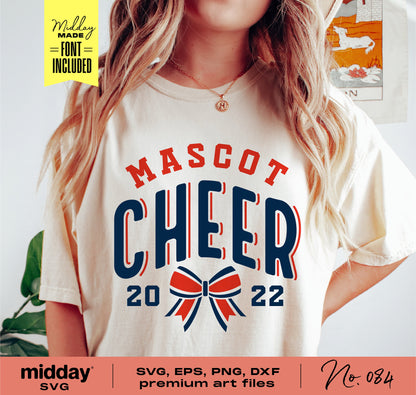 Woman wearing shirt with 'Mascot Cheer 2022' design; includes bow graphic. Cheerleading SVG, PNG, DXF, EPS files included.