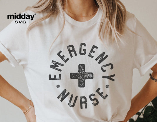 White shirt with 'Emergency Nurse' text and cross design, ideal for ER nurse SVG projects and Cricut or Silhouette cutting files.