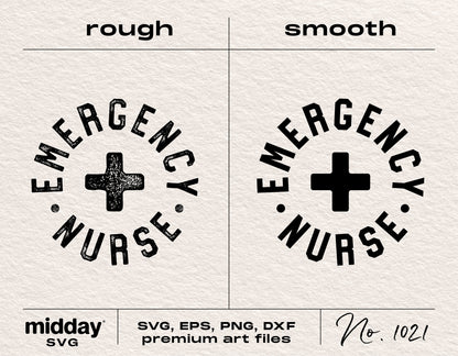 Emergency Nurse SVG designs in rough and smooth styles for crafting, suitable for Cricut and Silhouette, includes PNG, DXF, EPS formats.