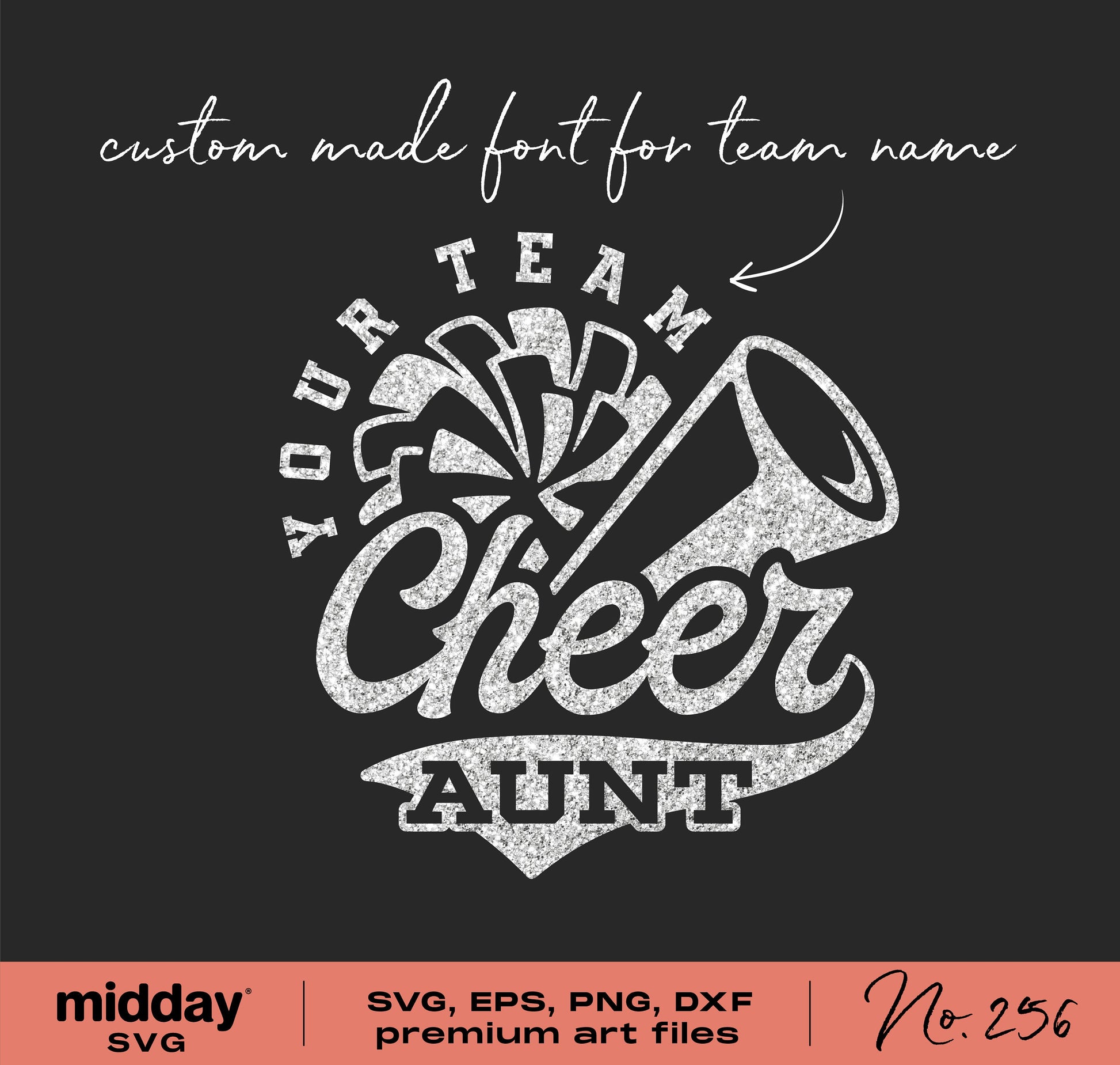 "Cheer Aunt" SVG design with custom font, megaphone, and pom poms for cheerleading shirts, available in multiple formats for cutting machines.