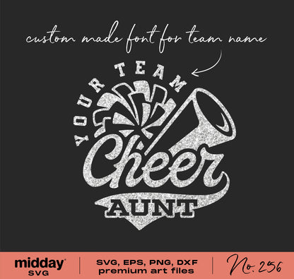 "Cheer Aunt" SVG design with custom font, megaphone, and pom poms for cheerleading shirts, available in multiple formats for cutting machines.