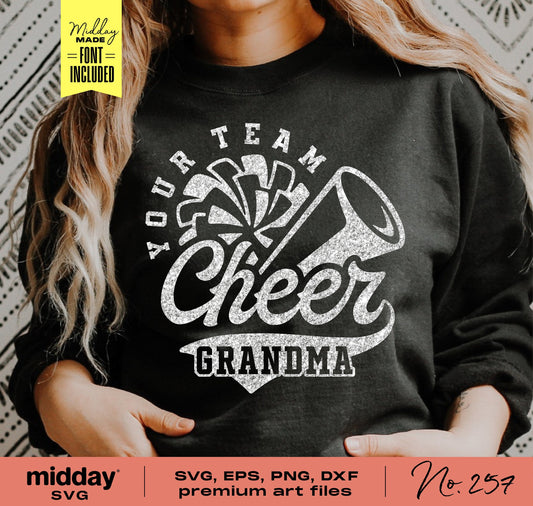 Woman wearing 'Cheer Grandma' shirt with pom-pom and megaphone design in SVG, EPS, PNG, DXF format for Cricut and Silhouette.