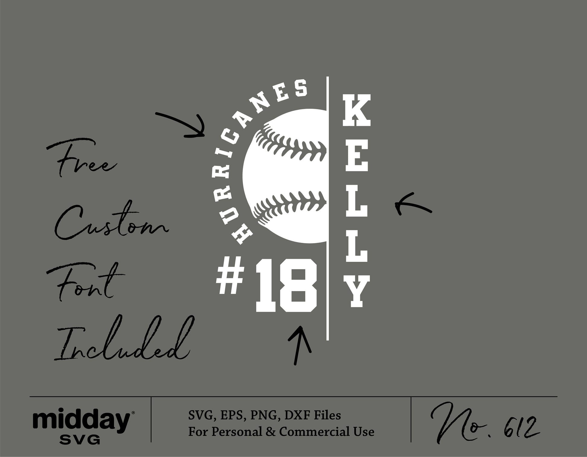 Softball team SVG design with free custom font, featuring "Kelly #18 Hurricanes" text, includes SVG, EPS, PNG, DXF formats for Cricut and Silhouette.