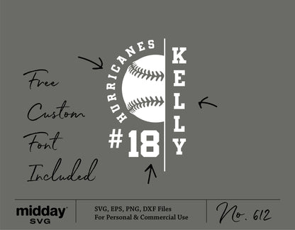 Softball team SVG design with free custom font, featuring "Kelly #18 Hurricanes" text, includes SVG, EPS, PNG, DXF formats for Cricut and Silhouette.