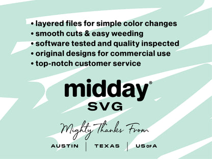 Midday SVG advertisement highlighting smooth cuts and customer service, with mentions of Austin, Texas, USA.
