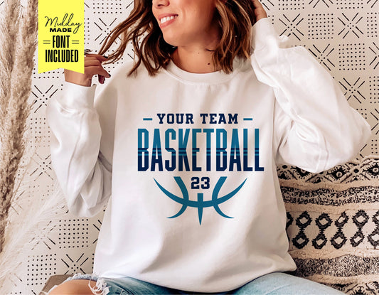 Woman wearing a DIY basketball team shirt with customizable lettering template for Cricut and Silhouette.