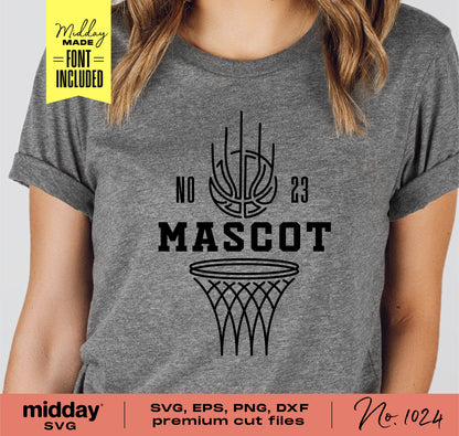 Basketball team template design on gray shirt with hoop graphic and customizable text. Ideal for Cricut and Silhouette projects.