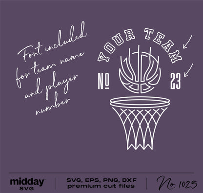 Modern basketball team shirt design template in SVG, EPS, PNG, DXF formats with customizable font for Cricut and Silhouette, No. 1025.