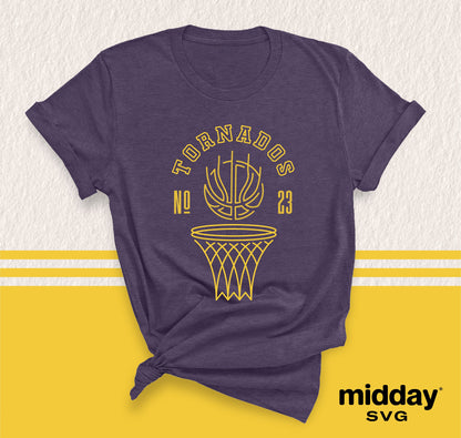 Modern basketball shirt with unique 'Tornados' design in yellow on purple, suitable for DIY designs using Cricut and Silhouette.