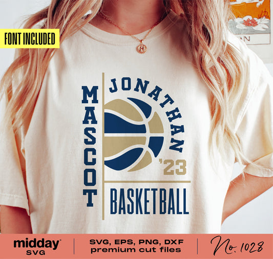 Person wearing customizable basketball team shirt with SVG designs for Cricut and Silhouette, featuring mascot and team logo.