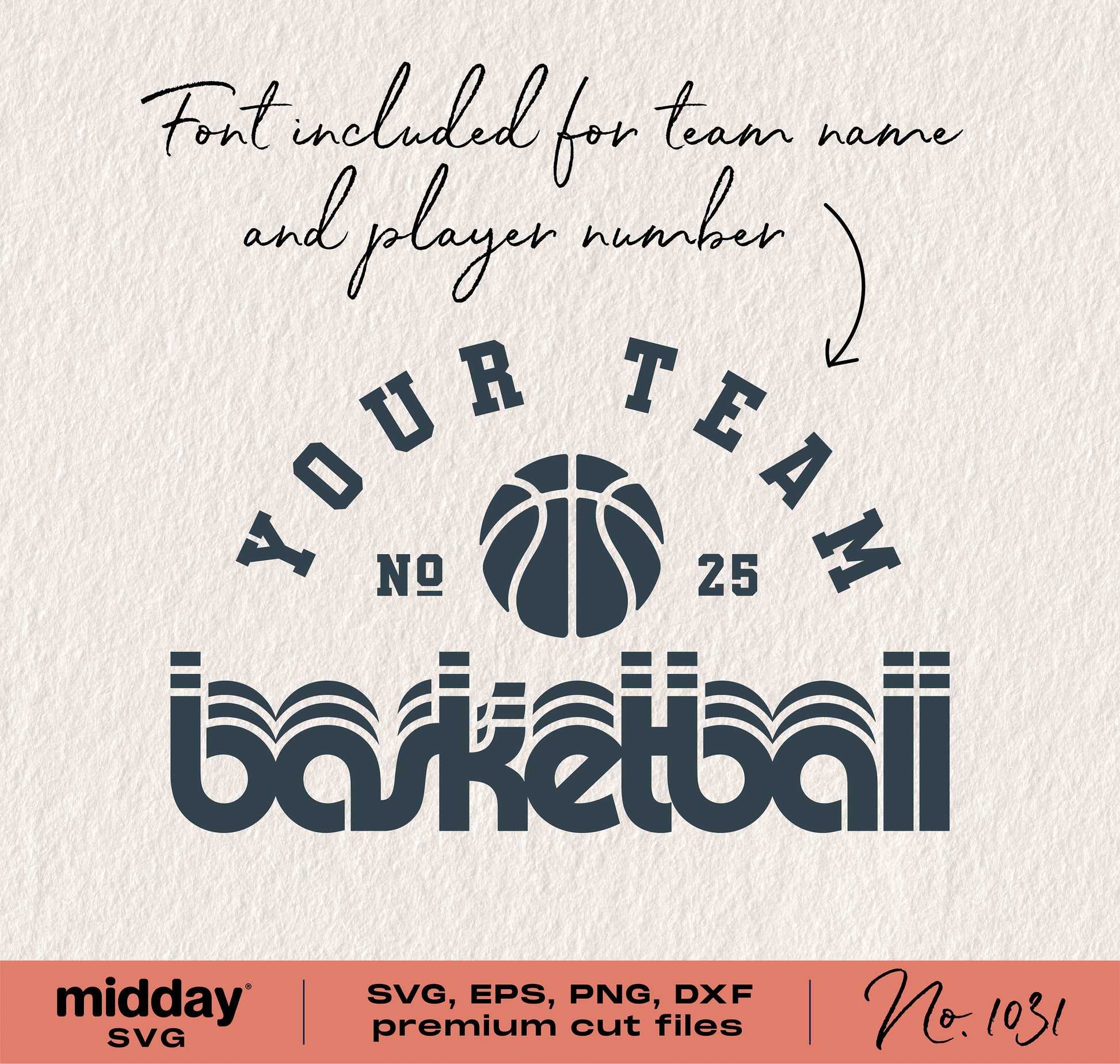 Retro basketball team logo template in SVG, PNG, DXF, and EPS formats with customizable font for Cricut and Silhouette cutting.