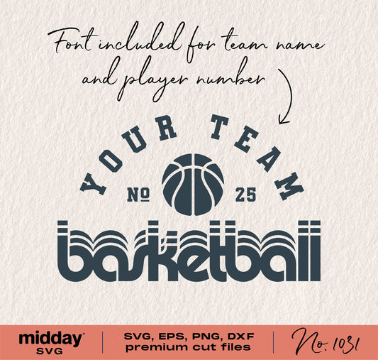 Retro basketball team logo template in SVG, PNG, DXF, and EPS formats with customizable font for Cricut and Silhouette cutting.