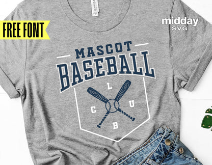 Gray baseball club shirt with a mascot logo and crossed bats, perfect for team events and gifts. Includes free font and SVG formats.