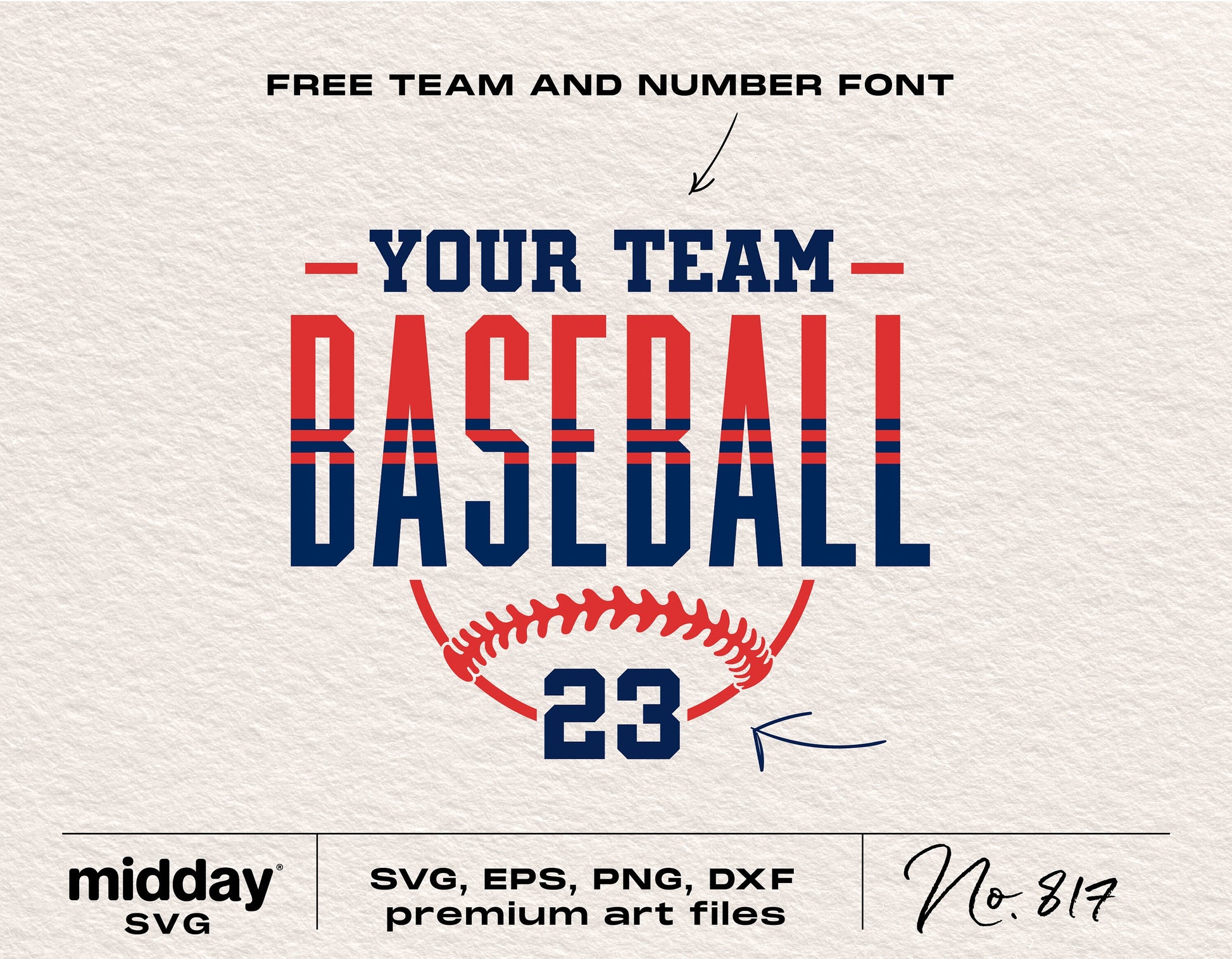 Personalized baseball SVG template with team and number font, including SVG, EPS, PNG, DXF formats.