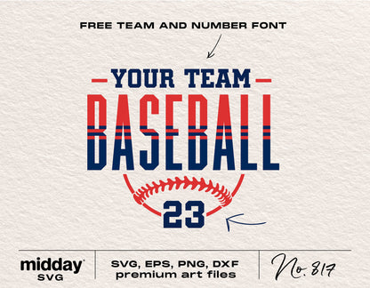 Personalized baseball SVG template with team and number font, including SVG, EPS, PNG, DXF formats.