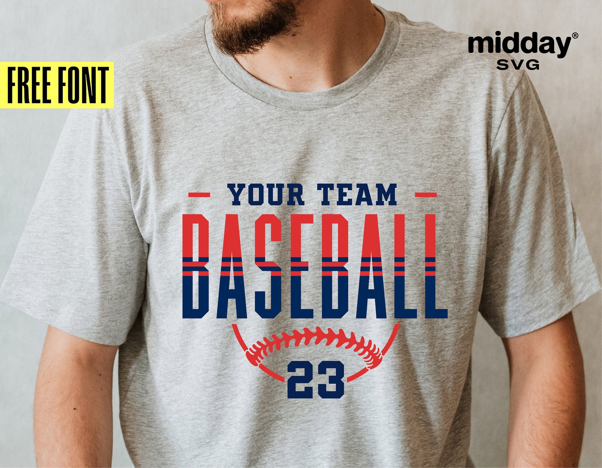 Customized baseball t-shirt design with "Your Team Baseball 23" text, featuring free font by Midday SVG.