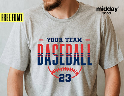Customized baseball t-shirt design with "Your Team Baseball 23" text, featuring free font by Midday SVG.
