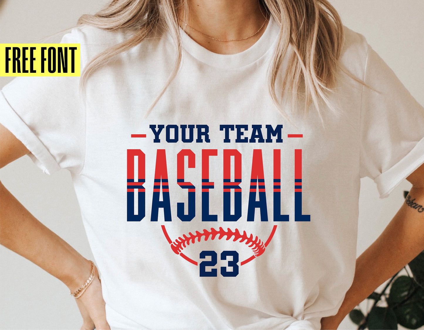 Woman wearing a t-shirt with custom 'Your Team Baseball' design and '23' number, featuring a free font offer.