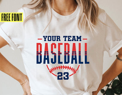 Woman wearing a t-shirt with custom 'Your Team Baseball' design and '23' number, featuring a free font offer.