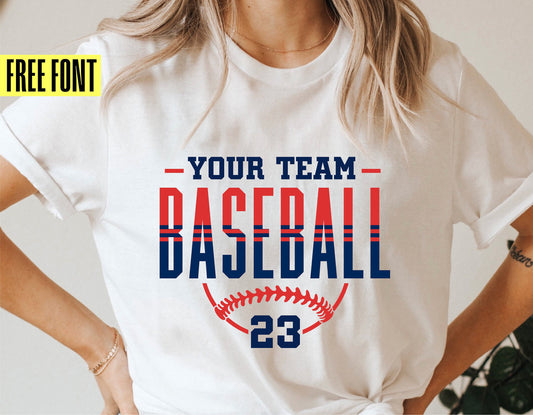 Woman wearing a t-shirt with custom 'Your Team Baseball' design and '23' number, featuring a free font offer.