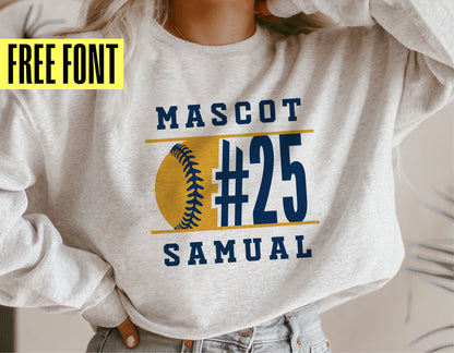 Person wearing a custom gray sweatshirt with a baseball-themed design including text 'Mascot #25 Samuel' and a yellow baseball graphic.