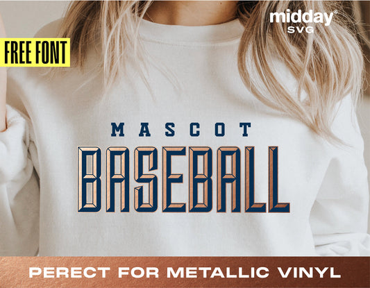 White shirt with 'Mascot Baseball' design, perfect for metallic vinyl projects. Includes free font offer. Ideal for Cricut and Silhouette users.