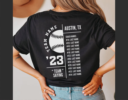 Back view of a person wearing a black t-shirt with a baseball team roster design, featuring team name and player numbers in white text.