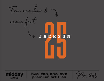 Baseball team shirt SVG with name 'Jackson' and number '25' in vintage script. Includes SVG, PNG, DXF formats for Cricut and Silhouette.