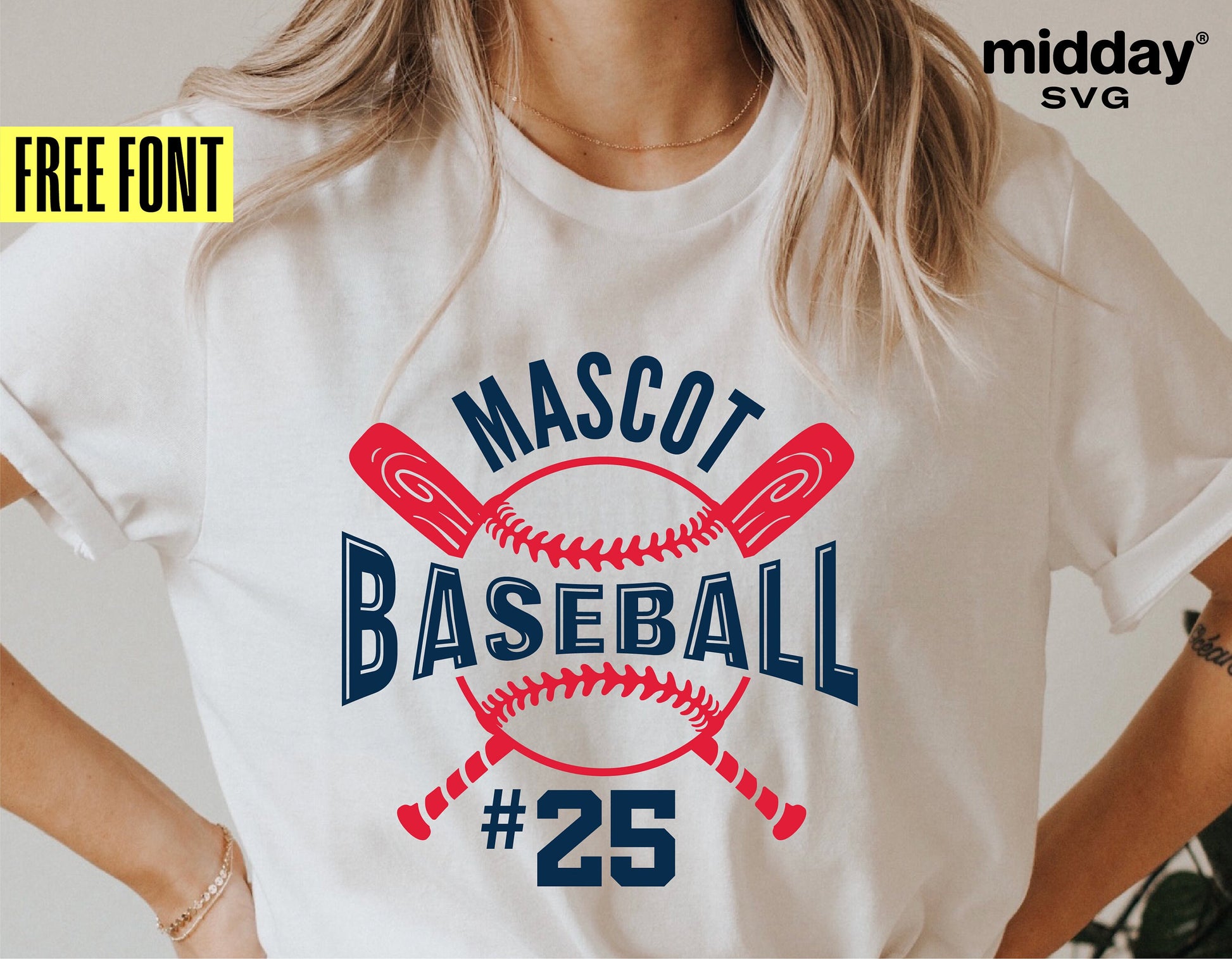Person wearing a white shirt with a custom baseball team design featuring bats and ball, labeled 'Mascot Baseball #25' by midday svg, free font included.
