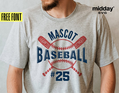 Gray t-shirt with baseball team mascot design featuring crossed bats, free font advertisement, and '#25' text with SVG download.