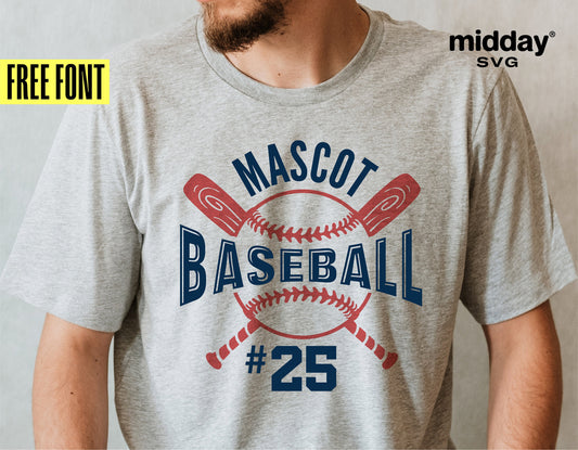 Gray t-shirt with baseball team mascot design featuring crossed bats, free font advertisement, and '#25' text with SVG download.