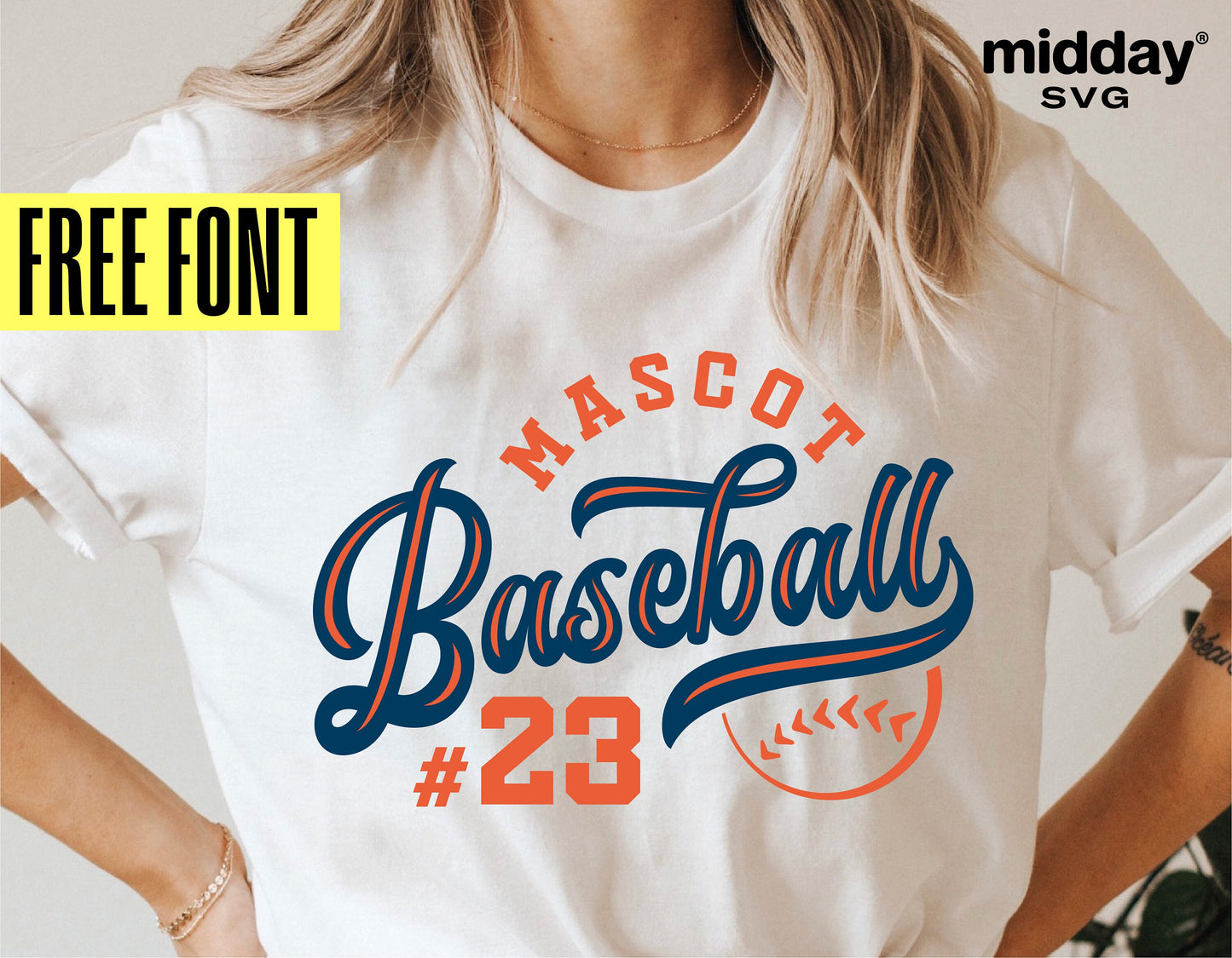 Woman wearing a white baseball team shirt with Mascot Baseball #23 design, featuring free fonts by Midday SVG.