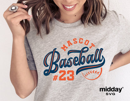 Woman wearing a gray t-shirt with a customized baseball team design, featuring the words 'Mascot Baseball #23' in blue and orange.