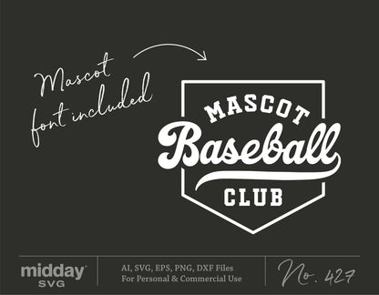 Baseball Club design with mascot font, available in SVG, PNG, EPS, DXF for Cricut and Silhouette, digital download.