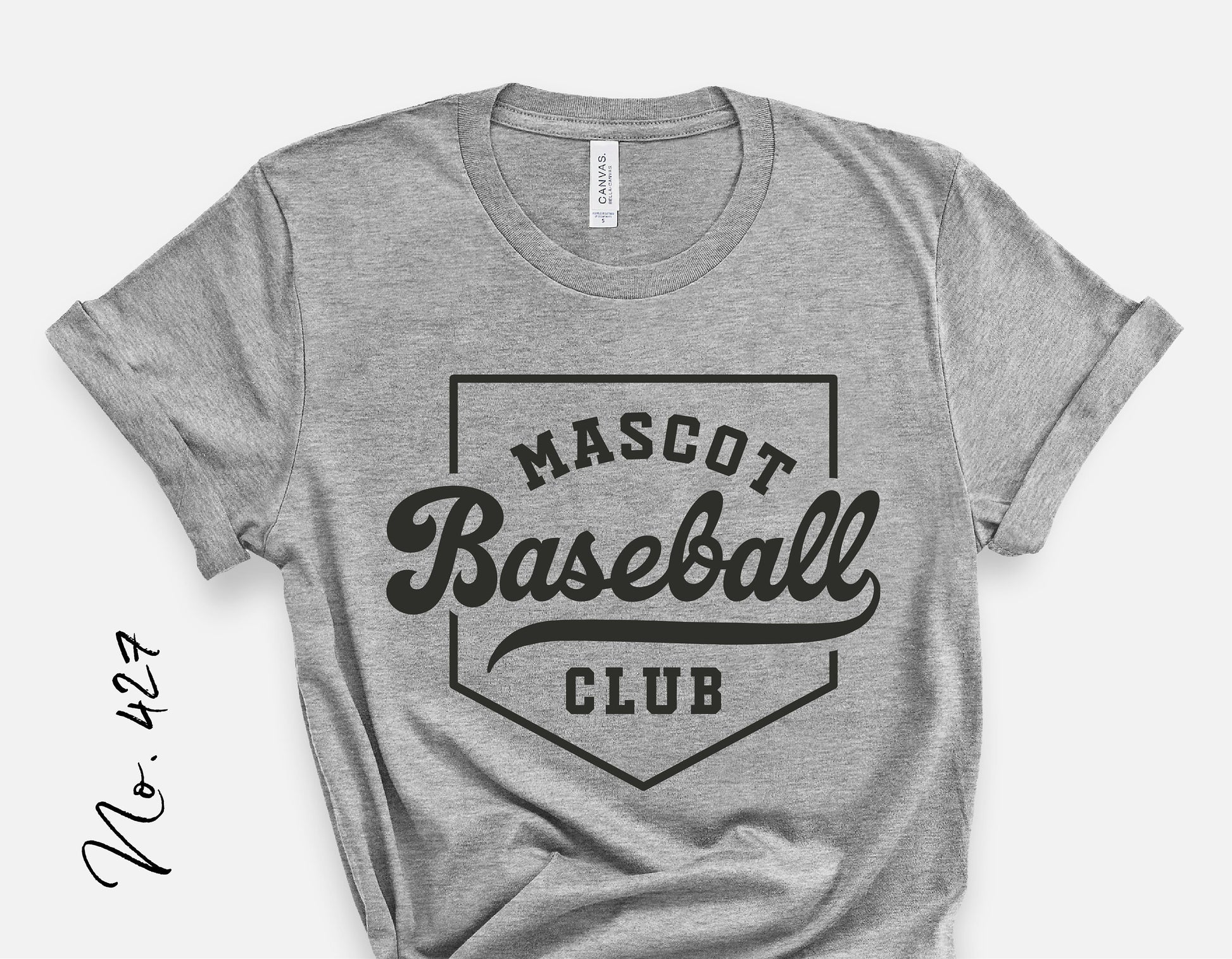Gray t-shirt with 'Mascot Baseball Club' design, ideal for baseball team apparel, featuring a classic sports theme, perfect for Cricut users.