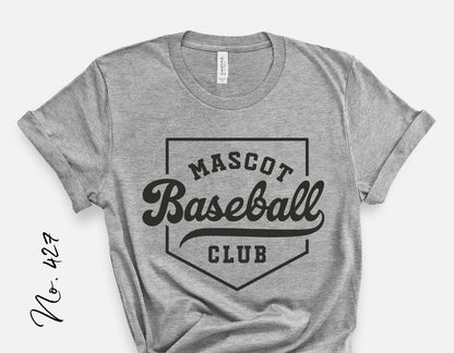 Gray t-shirt with 'Mascot Baseball Club' design, ideal for baseball team apparel, featuring a classic sports theme, perfect for Cricut users.