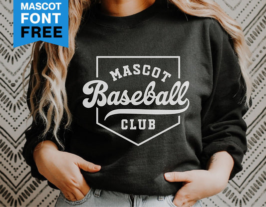 Black sweatshirt with 'Mascot Baseball Club' design, featuring a unique free font offer. Perfect for baseball enthusiasts and Cricut projects.