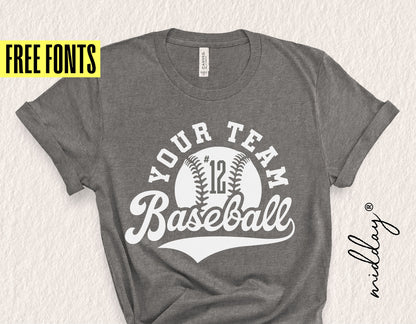 Gray t-shirt displaying a customizable baseball team logo with free fonts offer, perfect for Cricut DIY projects.