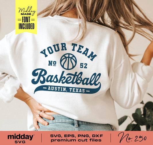 Personalized basketball team shirt with SVG, PNG, DXF, EPS cut file, featuring player number and team name. Perfect for Cricut projects.