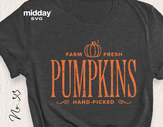 Gray T-shirt featuring 'Farm Fresh Pumpkins' design in orange, ideal for fall and autumn DIY projects and decorations.