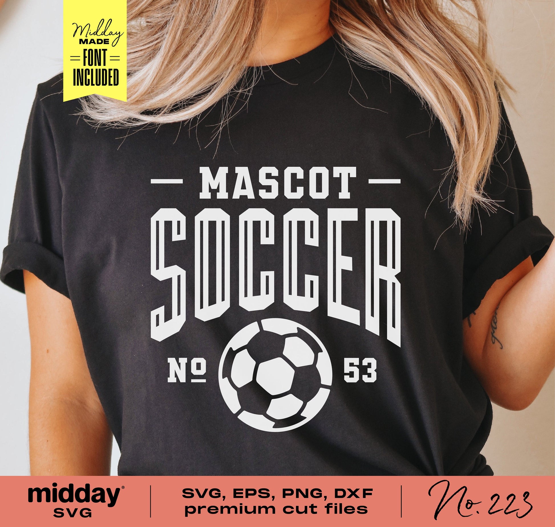 Black soccer team shirt with "Mascot Soccer No 53" text and soccer ball graphic, suitable for Cricut and Silhouette cut files.