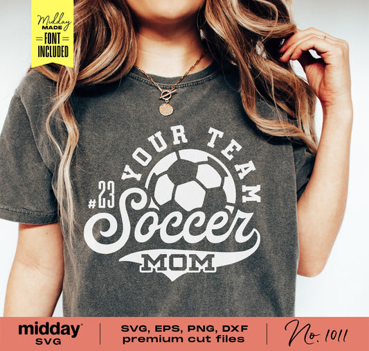 Customized soccer mom shirt design featuring soccer ball graphic and text, available in SVG, PNG, DXF, EPS formats for Cricut and Silhouette.