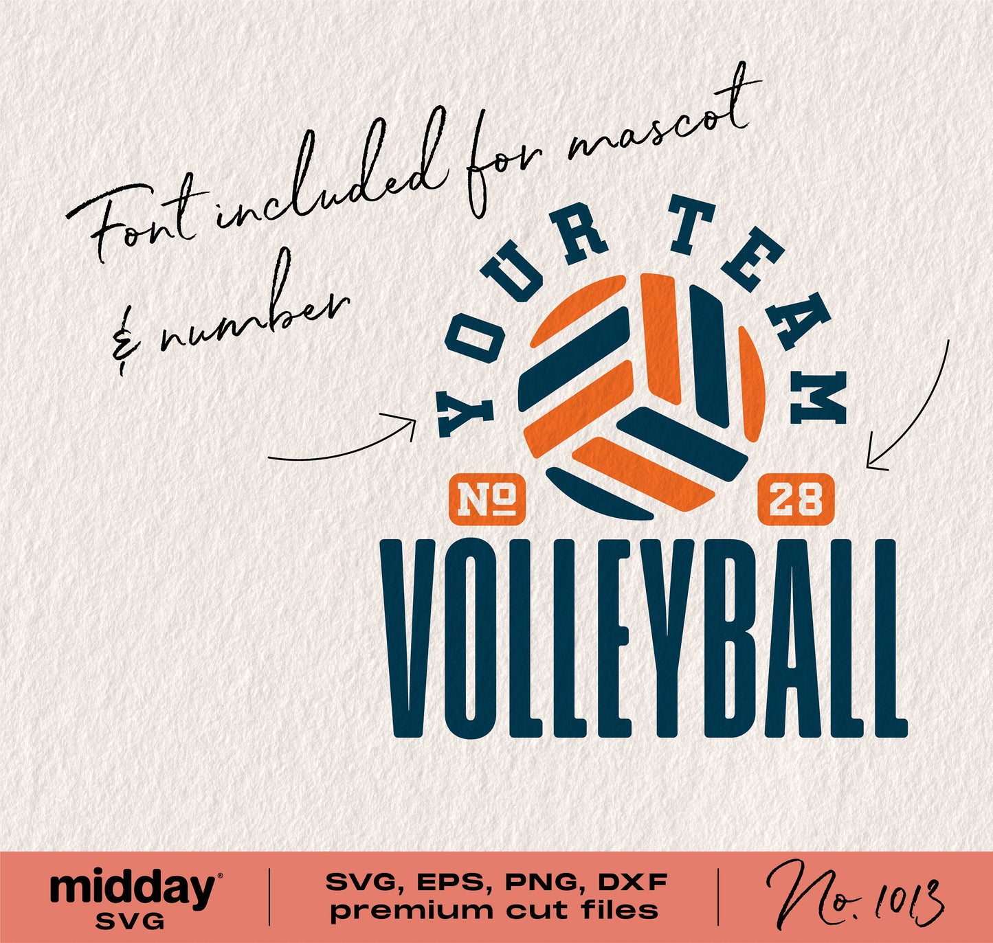 Volleyball team template design with customizable mascot and number in SVG, EPS, PNG, DXF formats for Cricut and silhouette cutting machines.