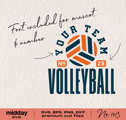 Volleyball team template design with customizable mascot and number in SVG, EPS, PNG, DXF formats for Cricut and silhouette cutting machines.