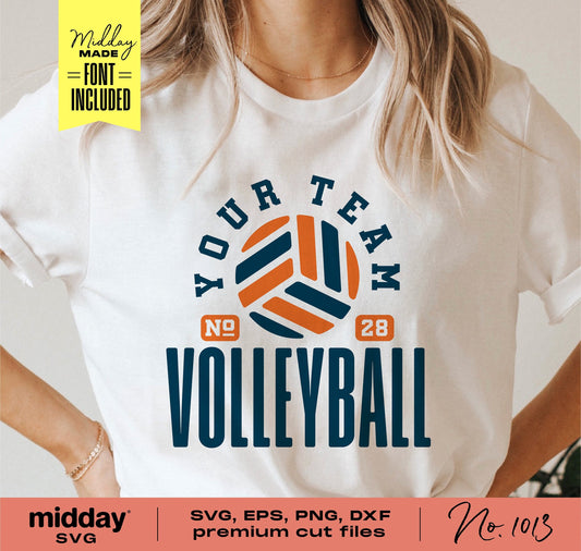 Volleyball team template on a white t-shirt with customizable Cricut cut file design in SVG, PNG, DXF, EPS formats.