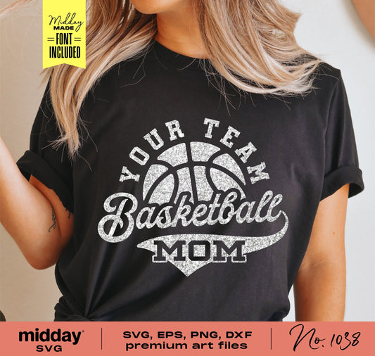 Woman wearing a black 'Your Team Basketball Mom' shirt with SVG, EPS, PNG, and DXF format icons. Perfect for Cricut and Silhouette users.